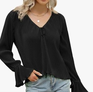 NWT! Kojooin Womens Small black deep vneck ribbed tunic open front blouse